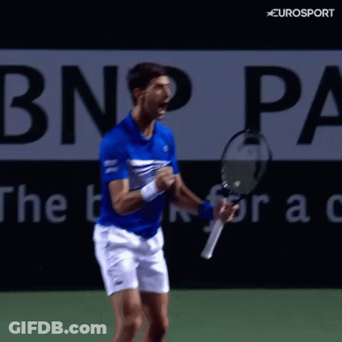 Blue Shirt Man Holding Tennis Racquet With Eurosport Logo GIF