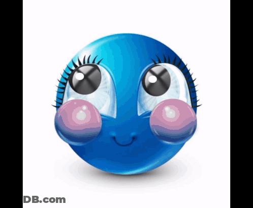 Blue Smiley Face With Big Eyes And Lashes Blowing Bubblegum GIF
