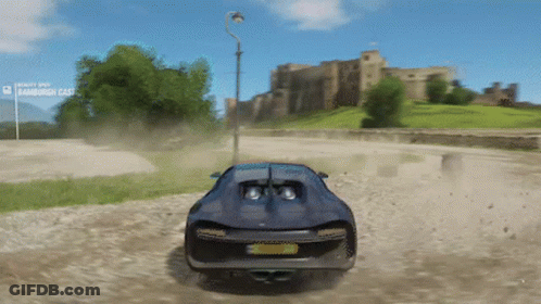 Blue Sports Car Driving Down Dirt Road With Banburgh Cast Sign GIF