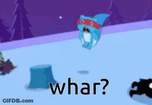 Blue Squirrel In Red Mask Standing In Snow Next To Stump Saying Whar GIF
