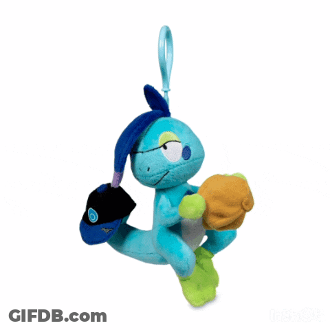 Blue Stuffed Animal With Purple Tail On Hook GIF