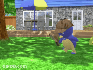 Blue Teddy Bear Detective With Knife In Front Of House GIF