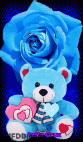 Blue Teddy Bear Holding Two Hearts And Blue Rose GIF