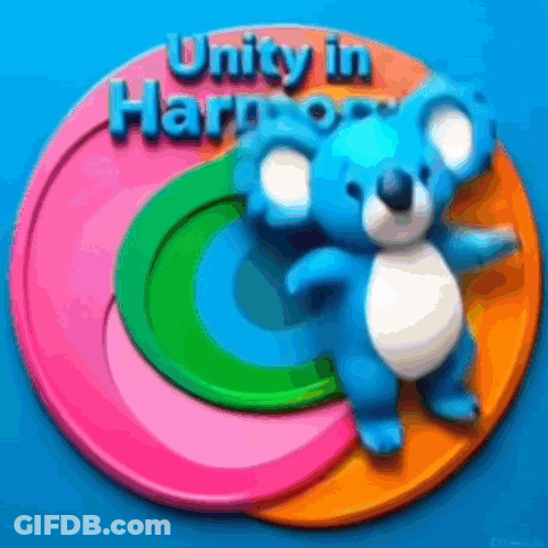 Blue Teddy Bear On Colorful Circle Saying Unity In Harpoon GIF