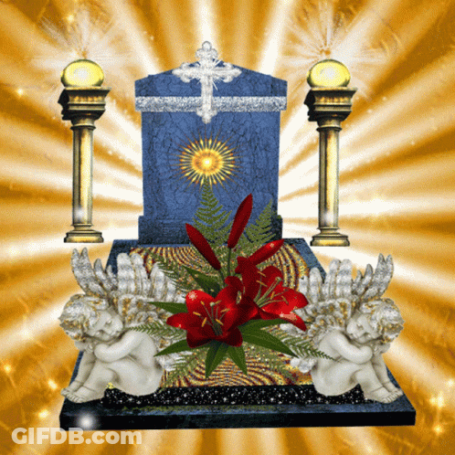 Blue Tombstone With Cross And Flowers In Front Of Two Angels GIF