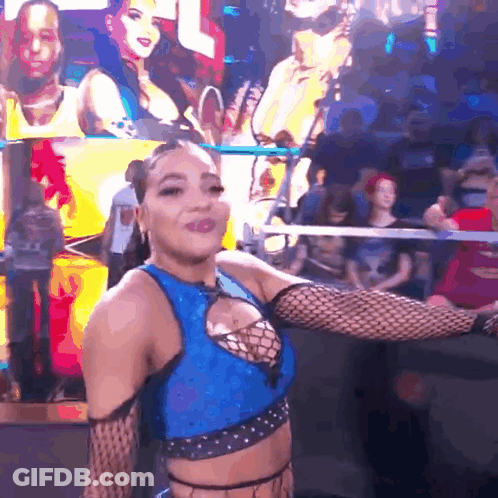 Blue Top Woman Dancing In Black Fishnet Gloves GIF