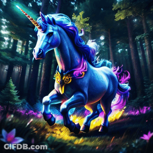 Blue Unicorn With Purple Mane Horn Running Woods GIF