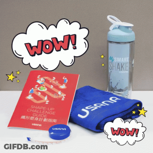 Blue Usana Towel Next To Water Bottle GIF