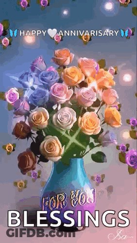 Blue Vase With Colorful Roses Happy Anniversary Blessings GIF