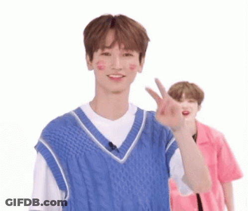 Blue Vest Man Peace Sign, Pink Shirt Onlooker GIF