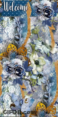 Blue Welcome Sign With Flowers And Butterflies GIF