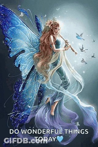 Blue Winged Fairy Holding Flute Birds Flying GIF