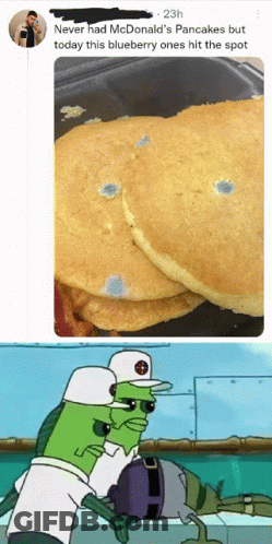 Blueberry Pancake Next To Man Holding McDonald's Pancake GIF