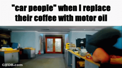 Blurred Hallway Car People Replace Coffee With Motor Oil GIF