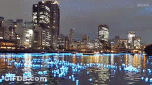 Blurry City Skyline Night Water Foreground GIF