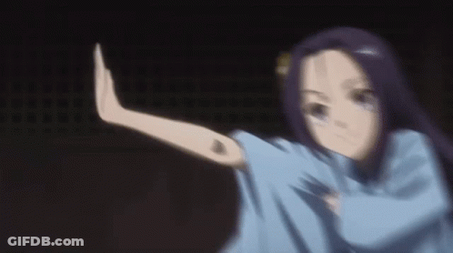 Blurry Girl With Purple Hair And Blue Shirt Making Hand Gesture GIF