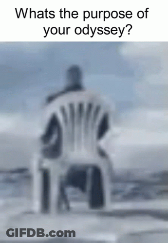 Blurry Person Sitting In Chair Saying Whats The Purpose Of Your Odyssey GIF