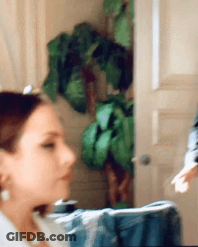 Blurry Woman At Door With Plant GIF