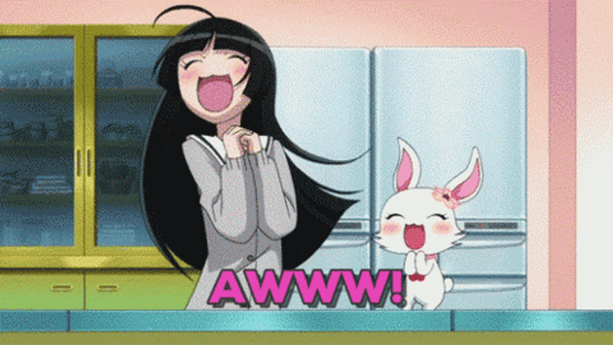 Blushing Anime Girl And Cat Awww GIF