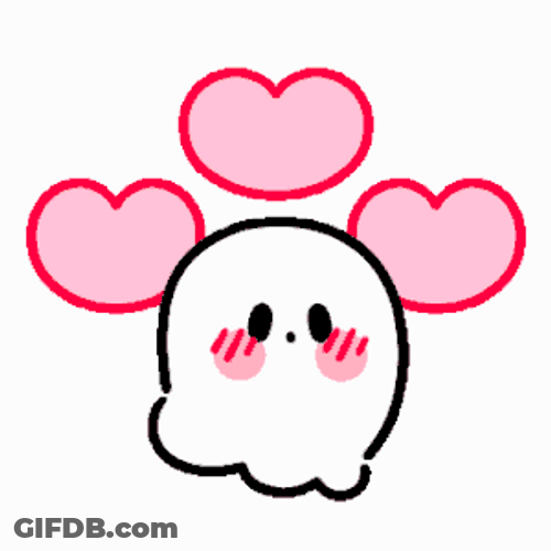 Blushing Cute Ghost With Three Hearts GIF