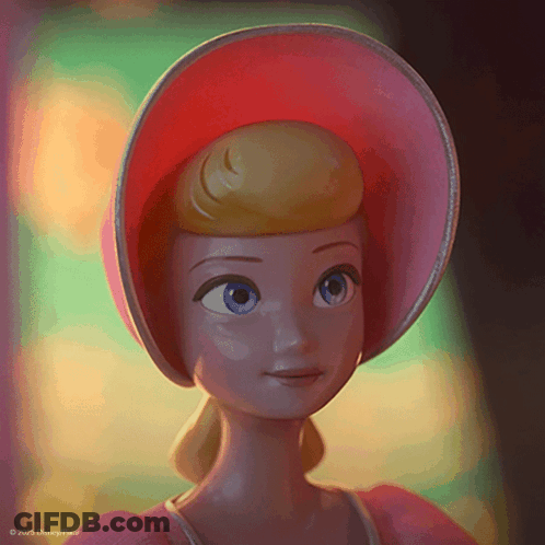 Bo Peep From Toy Story Wearing A Pink Hat And Earrings GIF