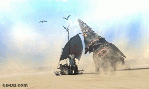 Boat In Desert With Birds Flying GIF