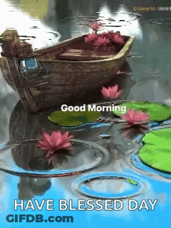 Boat In Pond With Flowers And Water Lilies GIF