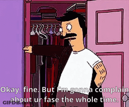 Bob Ross From Bob 'S Burgers Is Standing In A Closet With Clothes Hanging In It . GIF