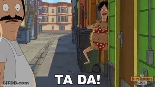 Bob's Burgers Movie Poster Woman In Bikini Saying Ta Da GIF