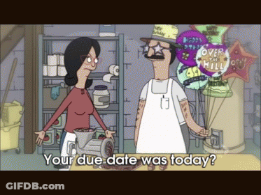 Bob 'S Burgers Shows A Man And A Woman Standing Next To Each Other With Balloons In The Background That Say Over The Hil GIF