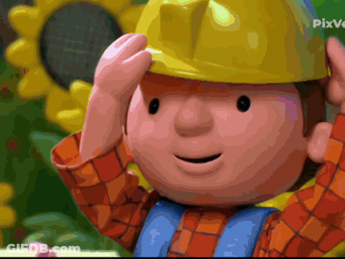 Bob The Builder In Yellow Hard Hat And Plaid Shirt GIF