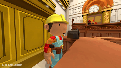 Bob The Builder Is Standing In A Courtroom With A Briefcase In Front Of Him GIF