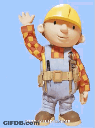 Bob The Builder Is Wearing A Hard Hat And Overalls And Waving His Hand . GIF