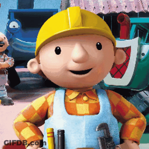 Bob The Builder Wearing Yellow Hard Hat And Overalls GIF