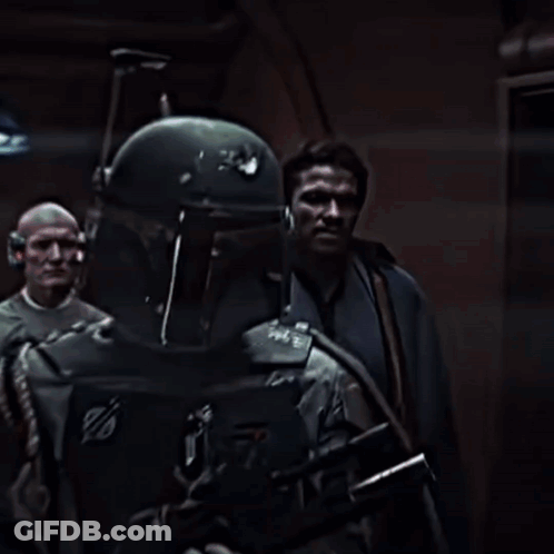 Boba Fett Is Holding A Gun In Front Of A Window GIF