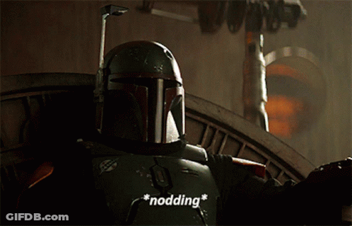 Boba Fett Is Wearing A Helmet With The Word Nodding Written On It GIF