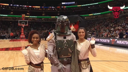 Boba Fett With Two Cheerleaders On Basketball Court GIF