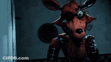 Bonnie The Bunny From Five Nights At Freddy's Standing In Front Of Red Curtain And Poster GIF