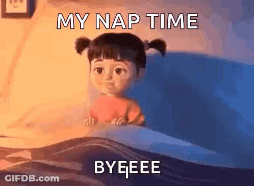 Boo From Monsters Inc Is Sitting In A Bed With The Words `` My Nap Time Byeee '' Written On It . GIF
