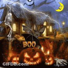 Boo Sign On Pumpkin In Front Of House GIF