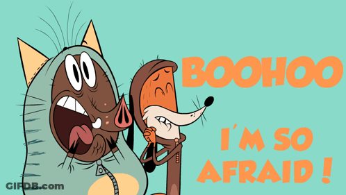 Boohoo I 'M So Afraid Written In Orange On A Blue Background GIF