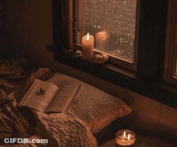 Book On Pillow By Window With Candles GIF