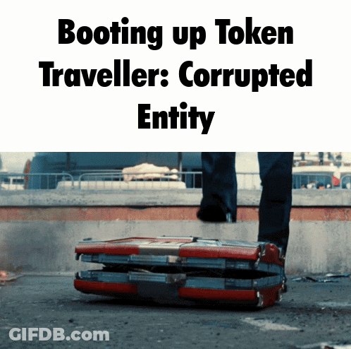 Booting Up Token Traveller Corrupted Entity With A Person Standing On A Briefcase GIF