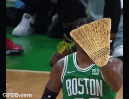 Boston Basketball Player With Green Jersey And Broom GIF