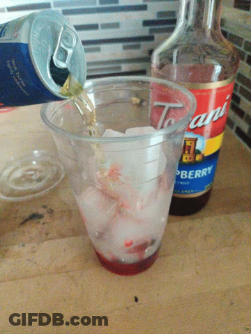 Bottle Of Cranberry Juice Next To Cup Of Ice GIF