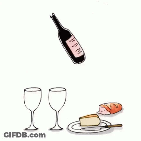 Bottle Of Wine With Two Glasses Cheese And Plate Of Food GIF
