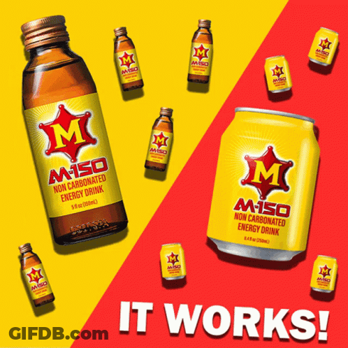 Bottles And Cans Of M-150 Non Carbonated Energy Drink On Red And Yellow Background GIF