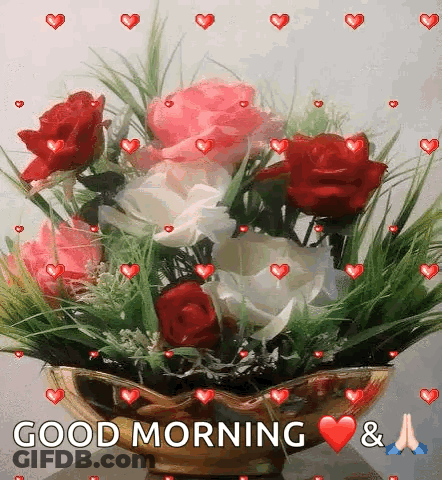 Bouquet Flowers Vase Hearts Good Morning & GIF