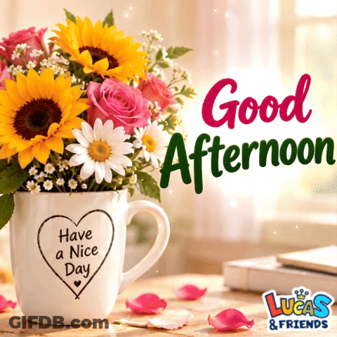 Bouquet Of Flowers In Coffee Mug Saying Have A Nice Day GIF