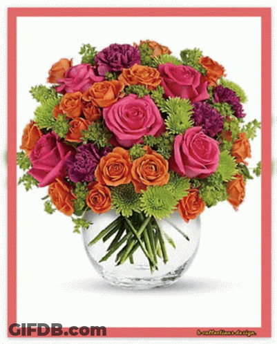 Bouquet Of Flowers In Glass Vase With Red Frame GIF